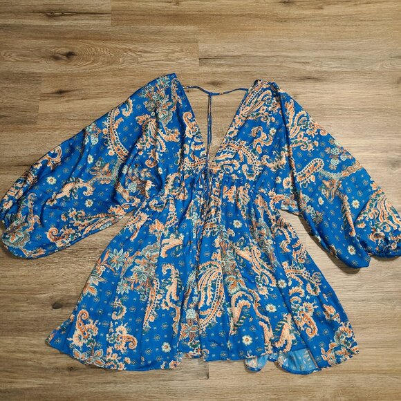 Free People size S Satin Mini Flare Dress Printed Arzel Draped long Sleeve - Picture 3 of 9